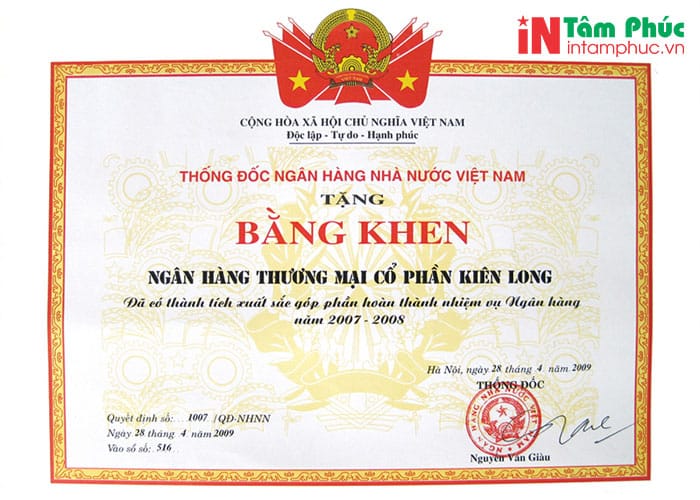 In bằng khen cho ngân hàng In bằng khen cho ngân hàng