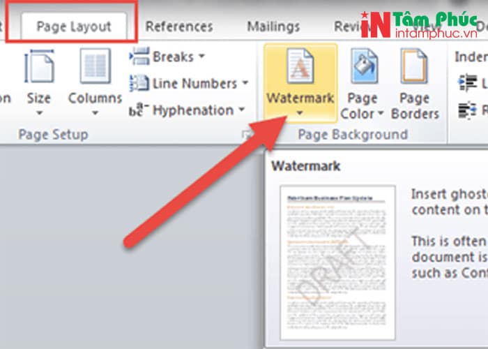 Tab Page Layout -> Watermark -> Custom Watermark.